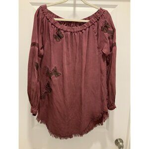 Standard Grace Blouse Large Women’s Burgundy L/S Boutique Butterfly Embroidery